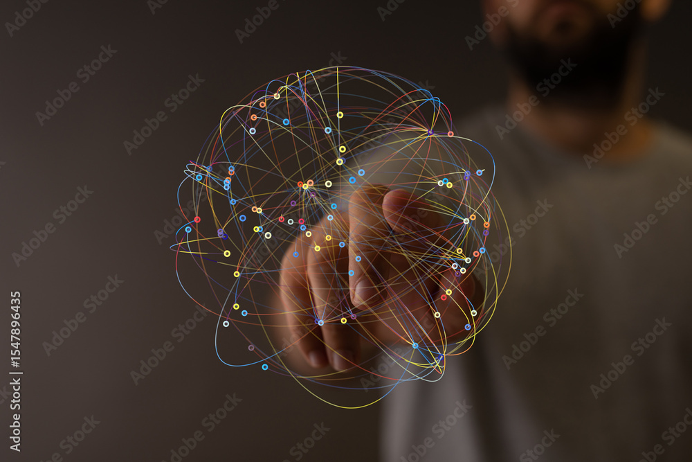 Aufkleber Abstract image of a person interacting with a digital network.  Perfect for tech, innovation, and connection concepts.