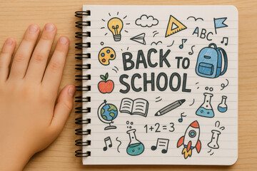 Child's hand beside a spiral notebook featuring colorful doodles of backpacks, science icons, and back to school text on wood desk