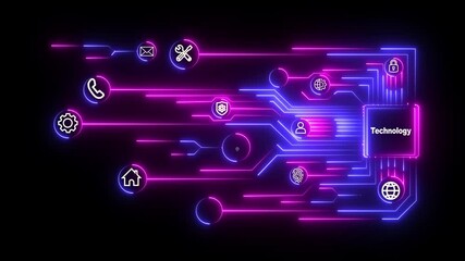 Neon Digital Data Transfer Animation Technology Interface Neon Circuit Board Flow – Secure Data Sharing .Multi agent AI systems ,Automate daily Tasks Smart concept Abstract technological background