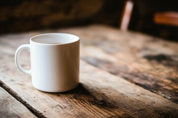 White ceramic mug on wooden table indoors. Space for text. Mockup for applying the image.