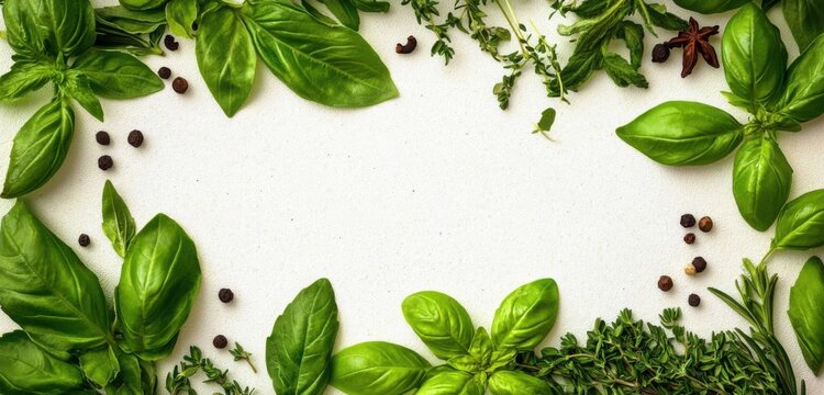 art Food and cooking banner background. Spices and herbs. Variety of fresh pepper and basil mediterranean herbs.