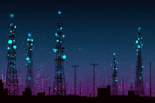 A modern city skyline filled with tall buildings and futuristic towers, showcasing advanced digital technology and 6G connectivity.