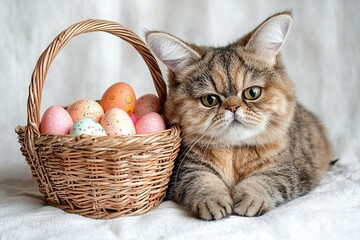 Gray fluffy cat with bunny ears in easter basket with easter eggs , isolated on white background,  , copy space, copy space for text,