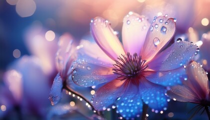 close up of ethereal glowing flowers with pastel hues and sparkling dewdrops