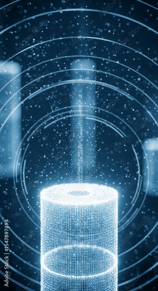 Poster Glowing blue particles form cylindrical structure, set against dark blue background with concentric circles and bokeh effects. It showcases modern, technological concept ideal for digital design