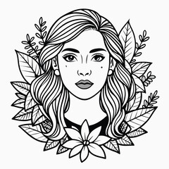 Line art portrait vector of a woman with floral elements in black and white.eps