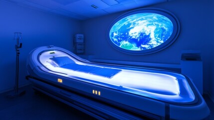 Spaceship interior. View on open space or planet. Futuristic sci-fi laboratory or corridor with neon light.