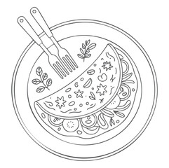 Gray Line Drawing Omelette Plate Forks Herbs vector
