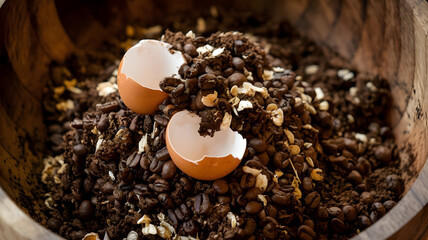 A photo of a close-up shot of composting coffee grounds and eggshells in a wooden bowl.