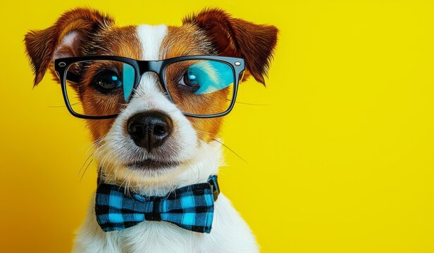 Happy back to school dpg yellow background. Nerd style in glasses. Lovely pet Jack russell terrier , isolated on white background,  , copy space, copy space for text,