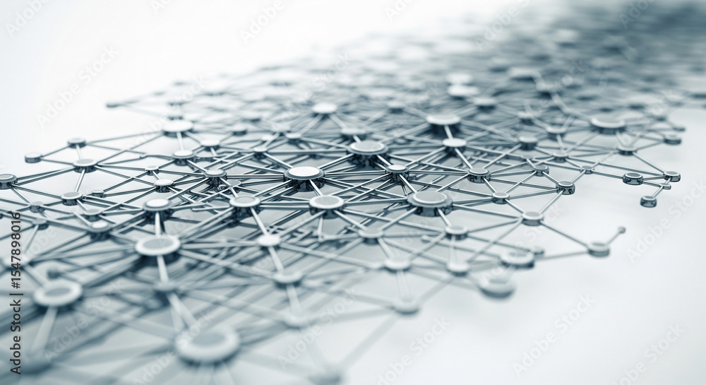 Poster Abstract image of interconnected metallic nodes and lines, creating a network structure, symbolizing connection, communication, and global network