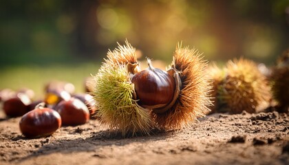 chataignes dans leur bogue sur le sol