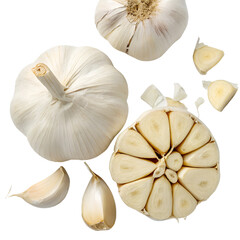 Garlic bulbs and cloves are isolated and placed on a transparent background to show their texture and shapes.