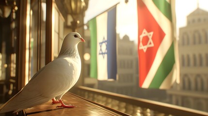 White dove, Peace dove, Dove, White Dove of Peace on Window Sill with Israeli and Unknown Flags