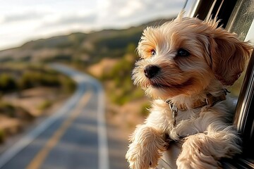 Head of happy lap dog looking out of car window. Curious terrier enjoying road trip on sunny summer day.. , isolated on white background,  , copy space, copy space for text,