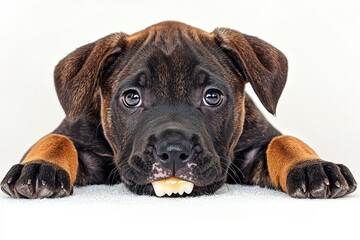 Healthy cute happy pet dog puppy chewing, eating snack treat, cleaning plaque from teeth. Tartar prevention. , isolated on white background,  , copy space, copy space for text,