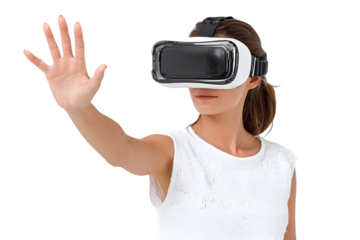 Amazed young asian woman using vr headset. Korean girl in virtual reality glasses pointing at smth and smiling, white background. Ai Generated Images