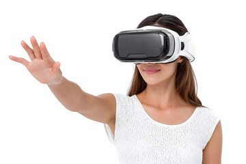Amazed young asian woman using vr headset. Korean girl in virtual reality glasses pointing at smth and smiling, white background. Ai Generated Images