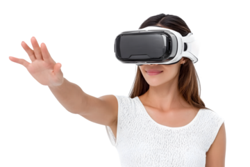Amazed young asian woman using vr headset. Korean girl in virtual reality glasses pointing at smth and smiling, white background. Ai Generated Images