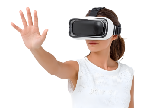 Amazed young asian woman using vr headset. Korean girl in virtual reality glasses pointing at smth and smiling, white background. Ai Generated Images