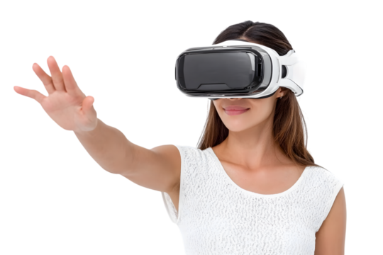 Amazed young asian woman using vr headset. Korean girl in virtual reality glasses pointing at smth and smiling, white background. Ai Generated Images