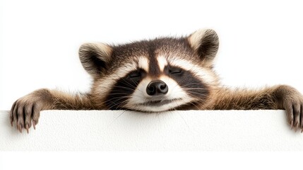 Obraz premium Cute funny common raccoon isolated on white. Adorable playful bandit mammal against pure backdrop.