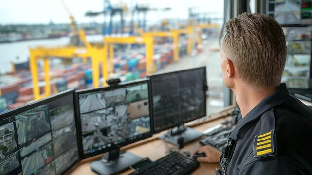 Port security officer scans container manifest on multi-monitor setup, yellow cranes and loaded trucks visible through large viewing window
