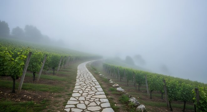 Foggy morning hillside vineyard with a stone path winding between grapevines and soft light filtering through mist - Powered by Adobe