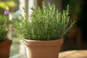 A vibrant rosemary plant thrives in a terracotta pot near a window
