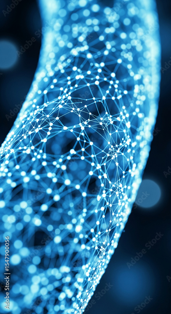 Poster Abstract blue glowing network, nodes connected by lines, creating a dynamic, interconnected structure, symbolizing technology, connection, and innovation