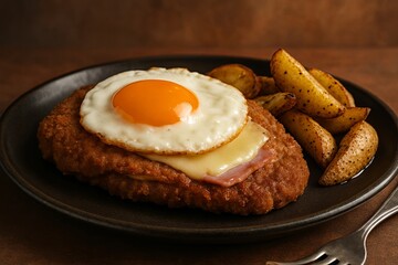 Argentine milanesa with ham, cheese and fried egg served with rustic potato wedges