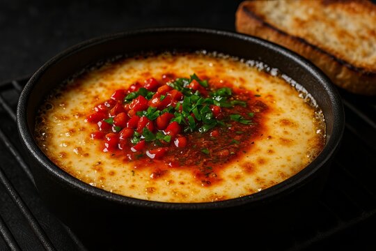 Hot provoleta cheese with chimichurri sauce and red bell pepper topping in black skillet