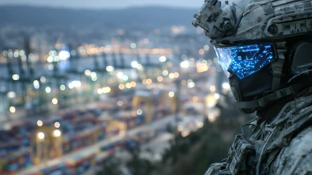 Shipping logistics interface glows on-screen, reflected in officer&rsquo;s visor, port yard teeming with activity just beyond glass