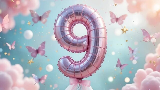 Enchanted Nine - 4K Loop Whimsical Pink Balloon with Fluttering Butterflies for Celebratory & Dreamy Art