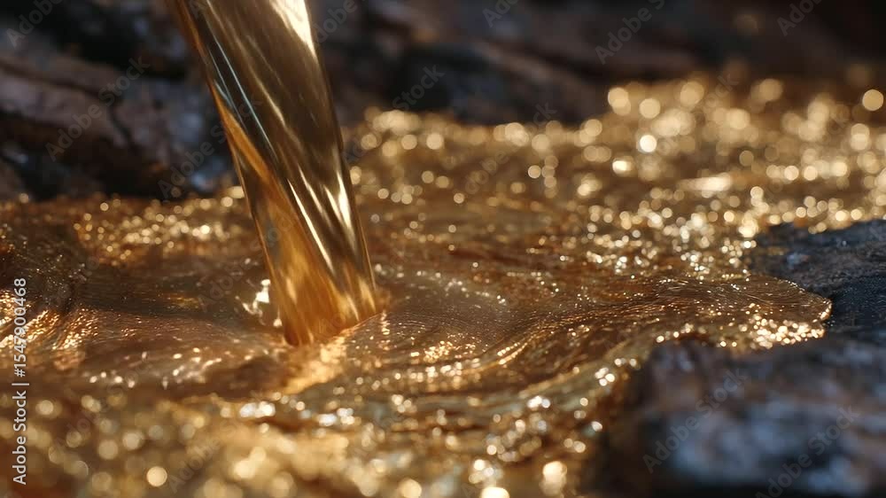 Poster slow-motion capture of molten gold splashing into open mold, creating shimmering ripples of pure hea