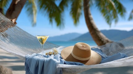 Hammock under palm trees with drink and sunhat, beach relaxation moment