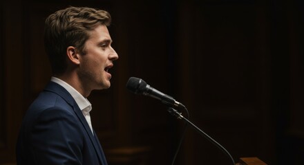 speaker at microphone on black background