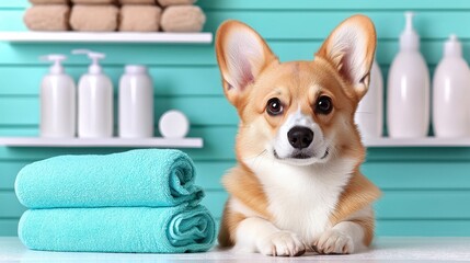 Pet hotel interior room design. Dog lodging resort and care facility. Corgi relaxing in spa center. A luxurious canine retreat offering pampered pet accommodation and wellness services