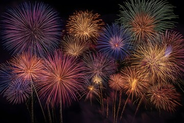 8k colorful banner wallpaper fireworks display on the dark night sky for the celebration and joy of a holiday festival, new year, or other special events. 