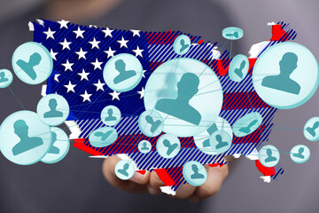 Visual representation of online connections between US citizens. Network, community, digital.