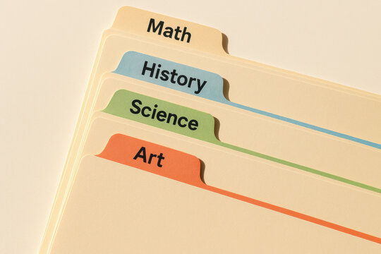 Color coded subject dividers labeled math, history, science, and art organized for efficient academic paperwork management