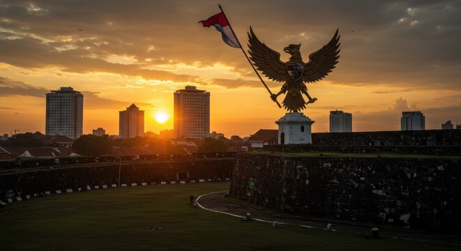 Majestic Sunset over Semarang's Fort: Garuda Eagle Statue Silhouette at Golden Hour