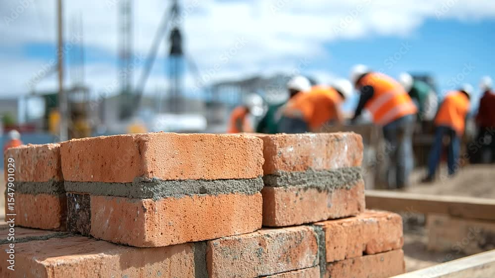 Poster stacks of red brick blocks neatly aligned at a dusty construction site, with laborers in bright oran