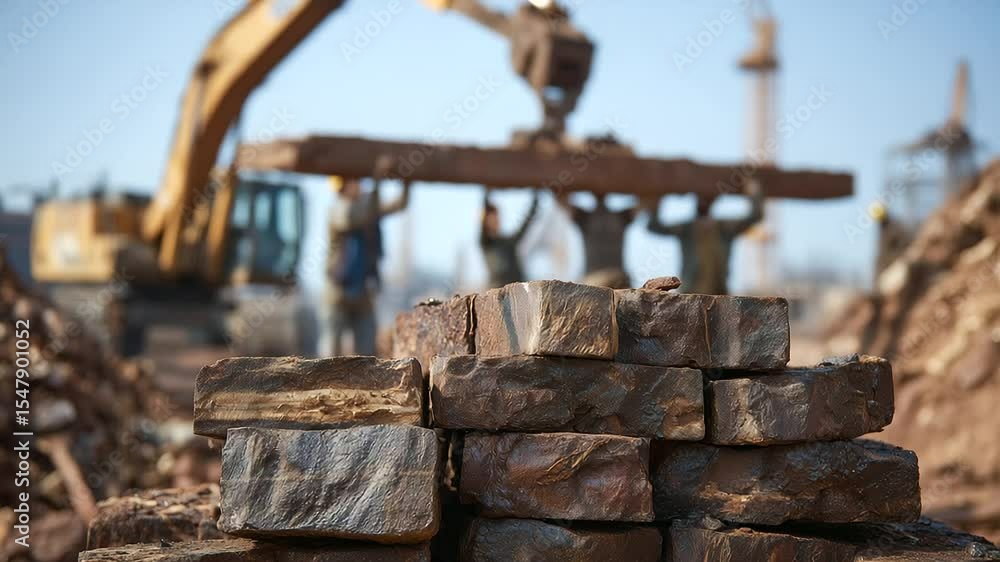 Poster stacks of rough-edged red bricks sit on dusty ground with a towering crane overhead and a group of c