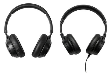 Black wired headphones displayed from multiple angles on transparent background