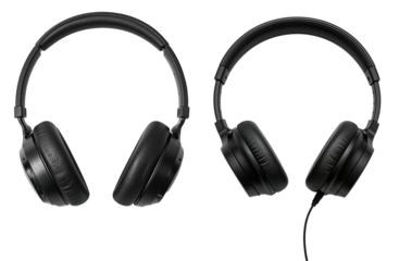 Black wired headphones displayed from multiple angles on transparent background
