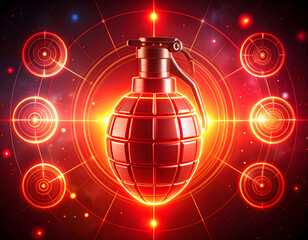 Digital Grenade: A digital rendering of a hand grenade, emitting an ominous glow, the image encapsulates themes of destruction, strategy, and technological warfare.