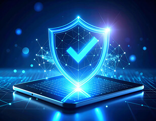 Digital Fortress: An ethereal shield of digital security hovers protectively above a sleek tablet device. Its vivid.