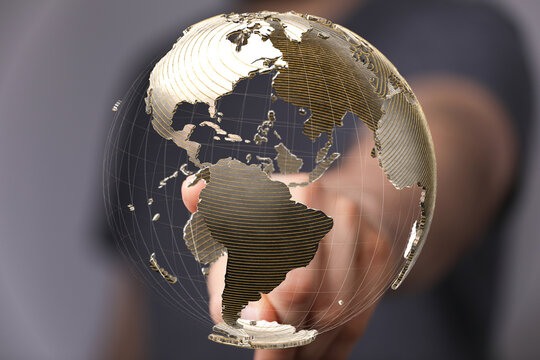 Abstract image of a hand interacting with a digital globe, representing global connectivity and networking.