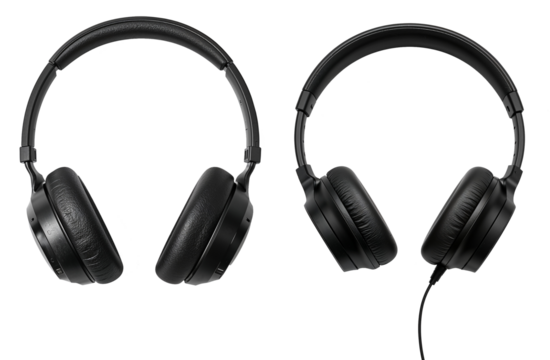 Black wired headphones displayed from multiple angles on transparent background